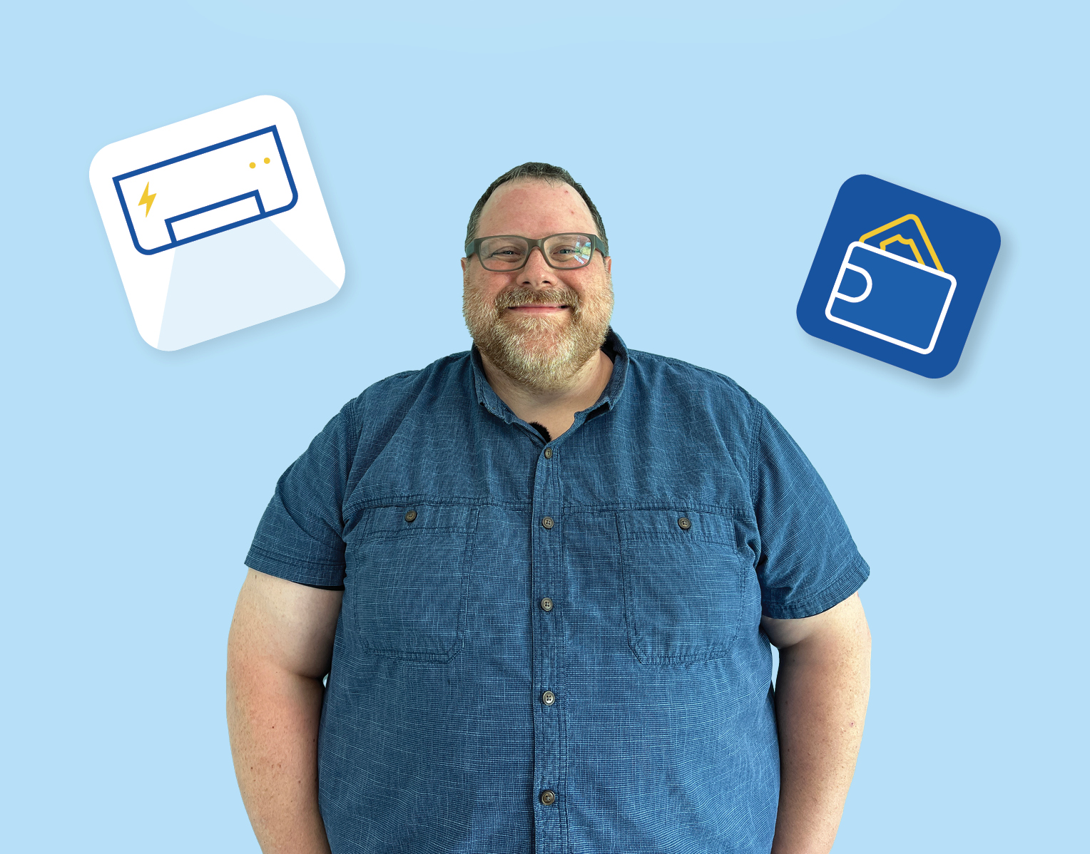 NS power employee Matthew with a blue background and energy product icons