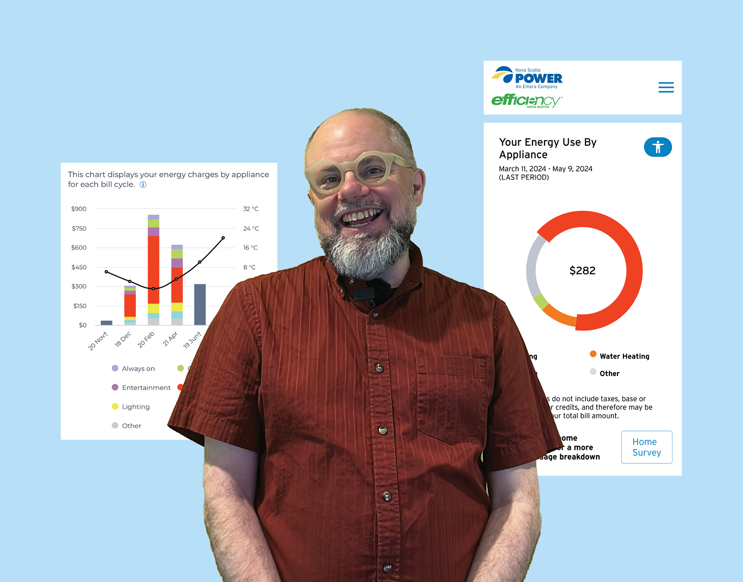 NS Power employee James with blue background and MyEnergy Insights graphs